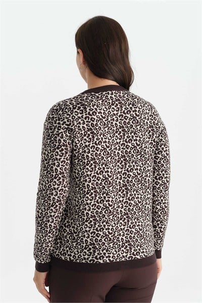 Büyük Beden Leopar Desen Triko Hırka  /  KAHVE