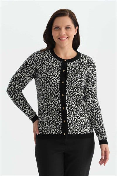 Büyük Beden Leopar Desen Triko Hırka  /  SİYAH