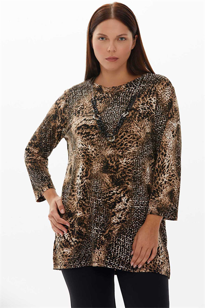 Büyük Beden Leopar Desenli Emprime Bluz  /  KAHVE