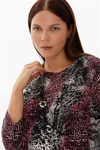 Büyük Beden Leopar Desenli Emprime Bluz  /  BORDO