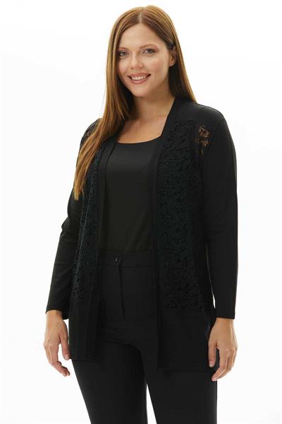 Büyük Beden Önü Dantel Kombinli Penye Hırka  /  SİYAH