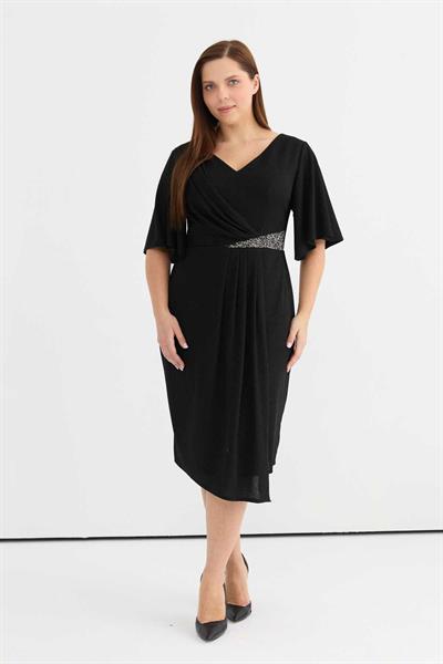 Büyük Beden Önü Drapeli Taşlı Simli Elbise  /  SİYAH