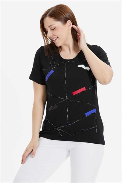Büyük Beden Önü Geometrik Taşlı Penye Bluz  /  SİYAH