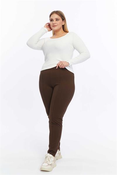 Büyük Beden Önü Nervürlü Örme Pantolon  /  KAHVE
