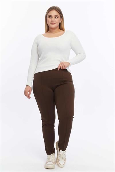 Büyük Beden Önü Nervürlü Örme Pantolon  /  KAHVE