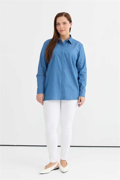 Büyük Beden Önü Taşlı Gizli Patlı Bluz  /  İNDİGO