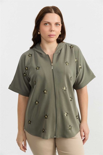 Büyük Beden Önü Yıldız Aksesuarlı Örme Bluz  /  HAKİ