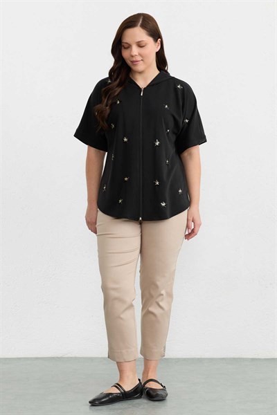 Büyük Beden Önü Yıldız Aksesuarlı Örme Bluz  /  SİYAH