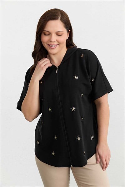 Büyük Beden Önü Yıldız Aksesuarlı Örme Bluz  /  SİYAH