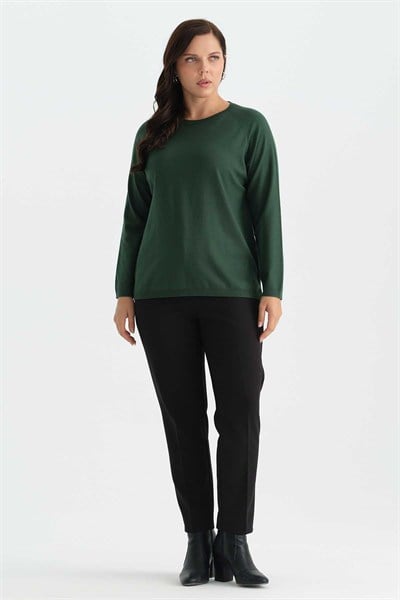 Büyük Beden Raglan Kol Kayık Yaka Triko Bluz  /  YEŞİL
