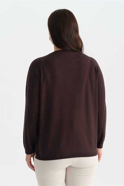 Büyük Beden Raglan Kol Kayık Yaka Triko Bluz  /  KAHVE