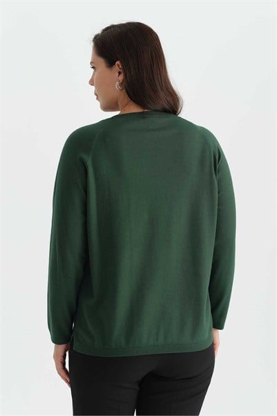 Büyük Beden Raglan Kol Kayık Yaka Triko Bluz  /  YEŞİL