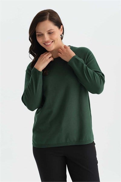 Büyük Beden Raglan Kol Kayık Yaka Triko Bluz  /  YEŞİL