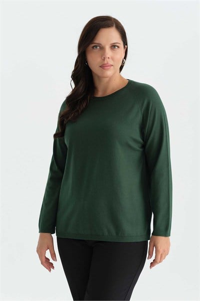 Büyük Beden Raglan Kol Kayık Yaka Triko Bluz  /  YEŞİL