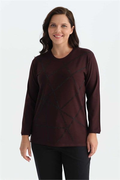 Büyük Beden Şerit Taşlı İnce Ribanalı Triko Bluz  /  BORDO