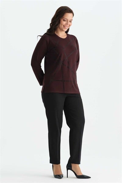 Büyük Beden Şerit Taşlı İnce Ribanalı Triko Bluz  /  BORDO