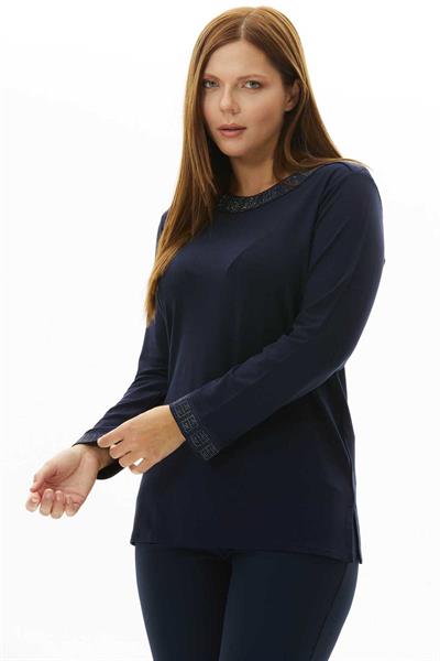 Büyük Beden Sıfır Yaka Kol Ucu ve Yakası Taşlı Bluz  /  LACİVERT