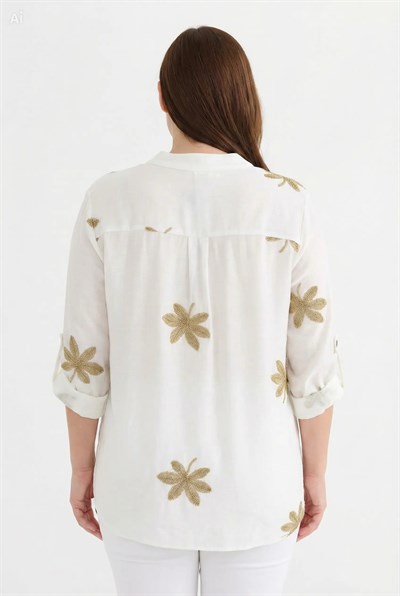 Büyük Beden Simli Yaprak Desenli Bluz  /  EKRU