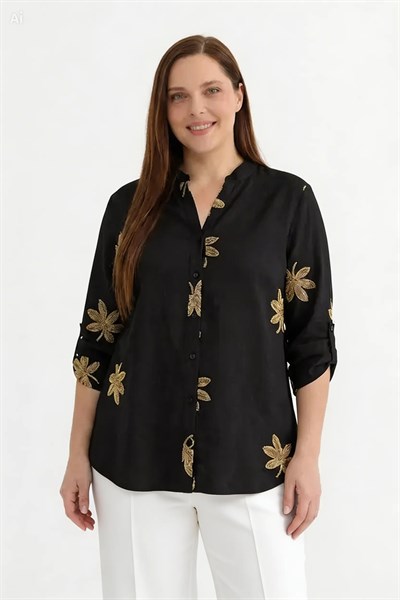 Büyük Beden Simli Yaprak Desenli Bluz  /  SİYAH
