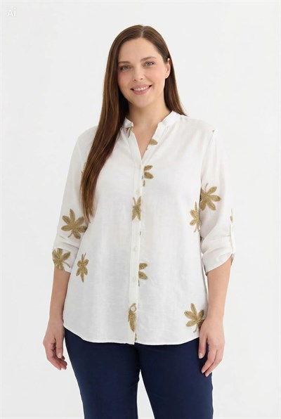 Büyük Beden Simli Yaprak Desenli Bluz  /  EKRU