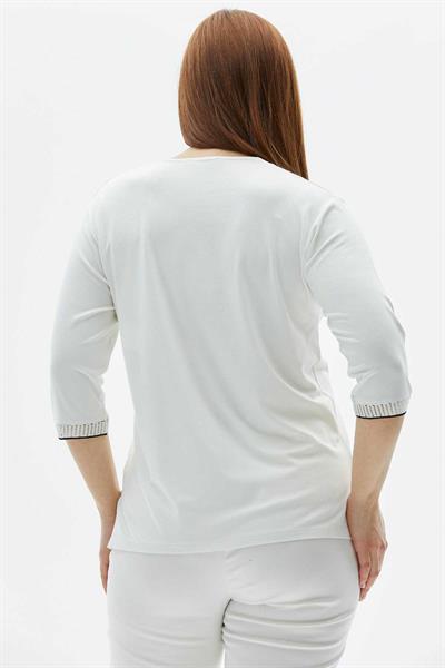 Büyük Beden V Yaka Delikli Ribanalı Penye Bluz  /  EKRU