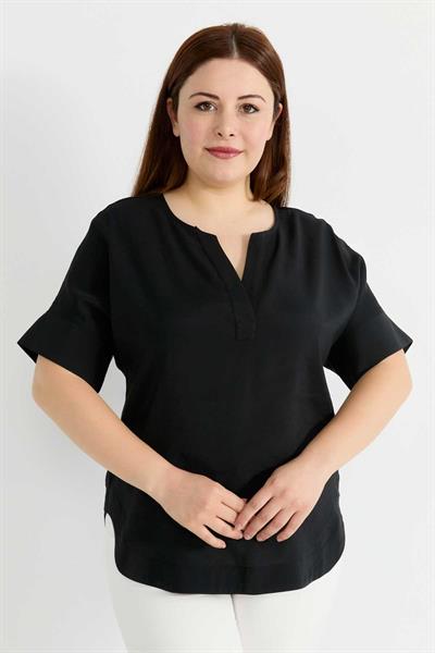 Büyük Beden V Yaka Düşük Kol Etek Ucu Oval Bluz  /  SİYAH