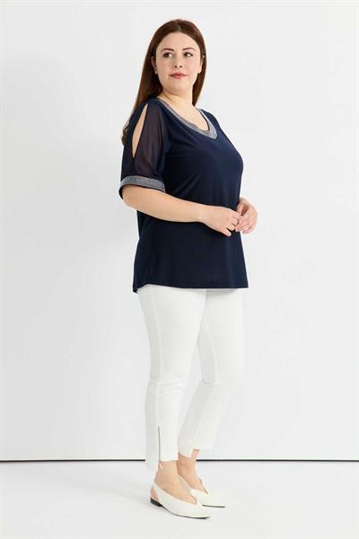 Büyük Beden V Yaka Kolları Yırtmaçlı Bluz  /  LACİVERT