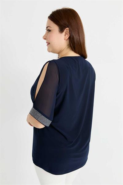Büyük Beden V Yaka Kolları Yırtmaçlı Bluz  /  LACİVERT