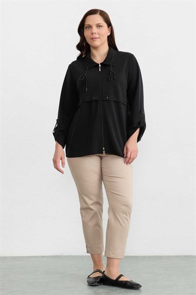 Büyük Beden Yaka Ucu Taşlı Örme Ceket  /  SİYAH