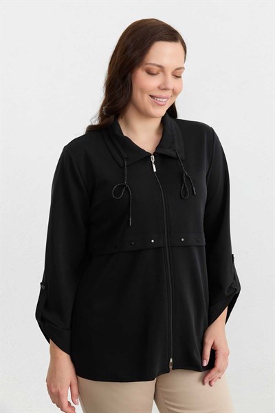 Büyük Beden Yaka Ucu Taşlı Örme Ceket  /  SİYAH