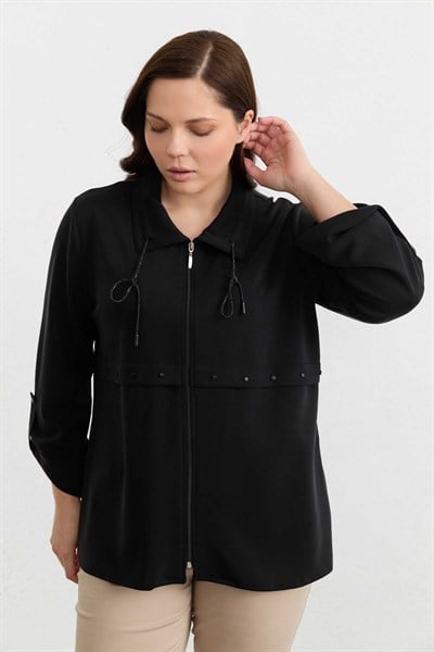 Büyük Beden Yaka Ucu Taşlı Örme Ceket  /  SİYAH