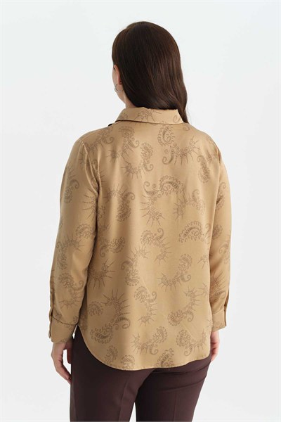 Büyük Beden Yakası Bağlamalı Şal Desen Bluz  /  CAMEL
