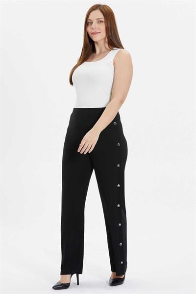Büyük Beden Yanı Çıtçıtlı Dökümlü Pantolon  /  SİYAH