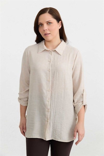 Büyük Beden Yanı Düğmeli Bluz  /  BEJ