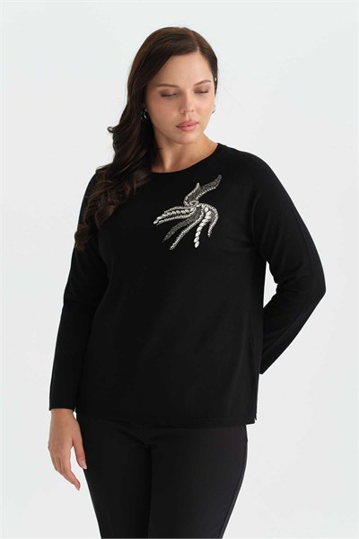 Büyük Beden Yanı Taşlı Raglan Kol Triko Bluz  /  SİYAH