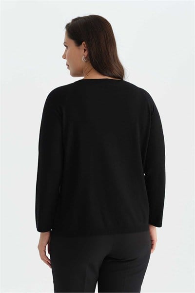 Büyük Beden Yanı Taşlı Raglan Kol Triko Bluz  /  SİYAH