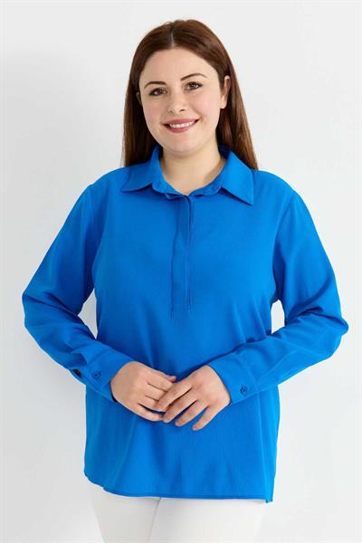 Büyük Beden Yarım Gizli Patlı Uzun Kol Bluz  /  MAVİ
