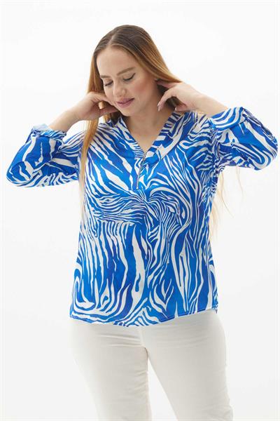 Büyük Beden Zebra Desen Yakası Fermuarlı Bluz  /  SAKS