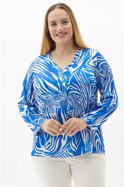 Büyük Beden Zebra Desen Yakası Fermuarlı Bluz  /  SAKS