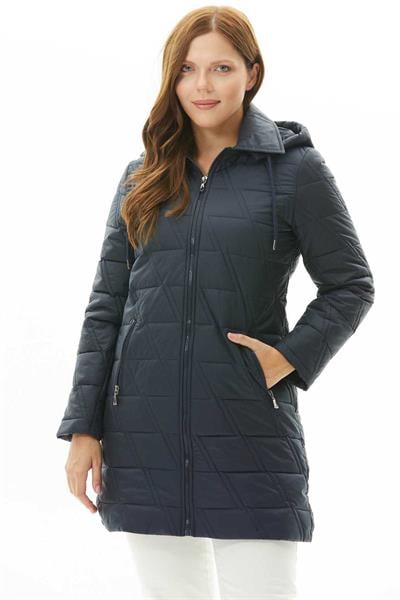 Büyük Beden Zigzag Kapitone Kapüşonlu Mont  /  LACİVERT