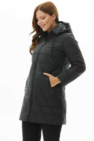 Büyük Beden Zigzag Kapitone Kapüşonlu Mont  /  SİYAH