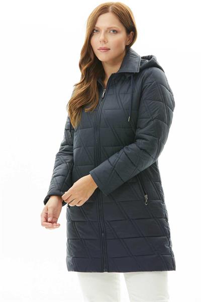 Büyük Beden Zigzag Kapitone Kapüşonlu Mont  /  LACİVERT