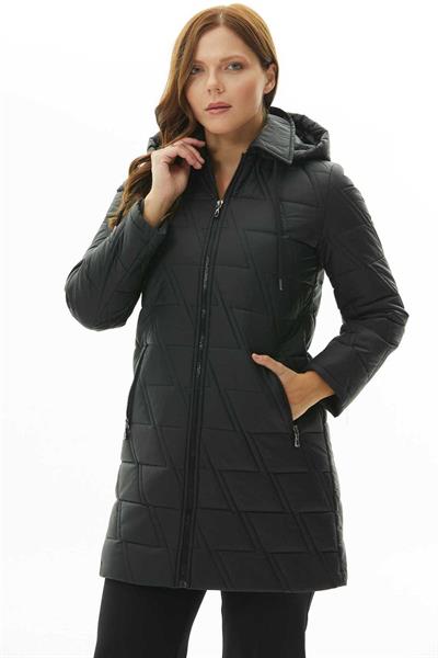 Büyük Beden Zigzag Kapitone Kapüşonlu Mont  /  SİYAH