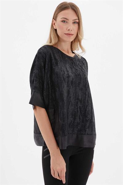 Cepleri Deri Kombinli Desenli Triko Bluz  /  SİYAH
