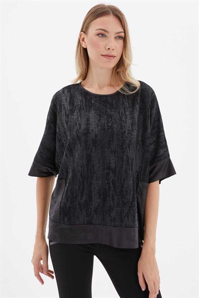 Cepleri Deri Kombinli Desenli Triko Bluz  /  SİYAH
