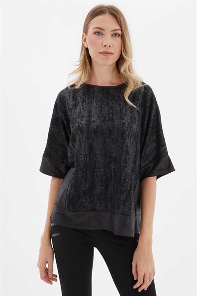 Cepleri Deri Kombinli Desenli Triko Bluz  /  SİYAH