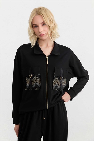 Cepleri Kombinli Fermuarlı Örme Ceket  /  SİYAH