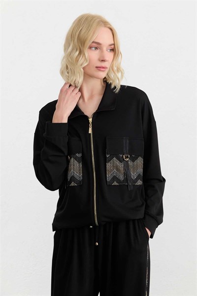 Cepleri Kombinli Fermuarlı Örme Ceket  /  SİYAH