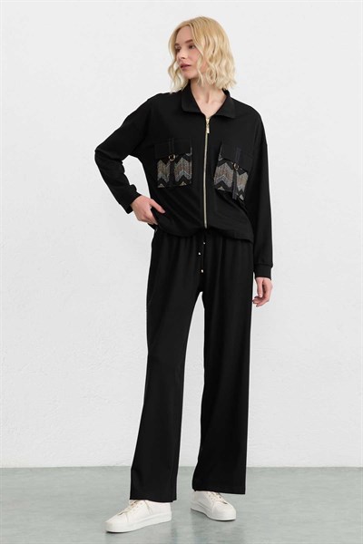 Cepleri Kombinli Fermuarlı Örme Ceket  /  SİYAH