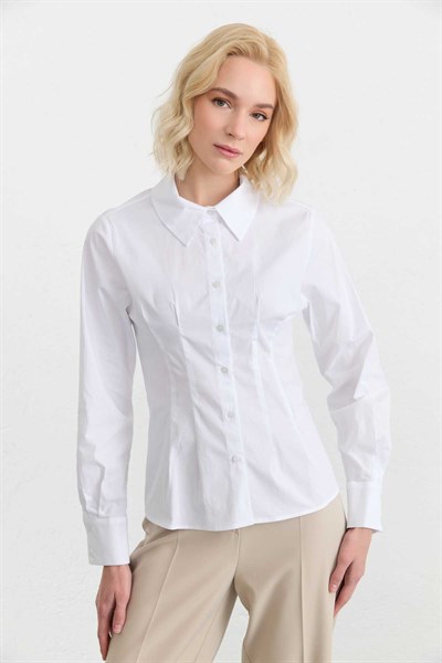 Çift Pensli Koton Gömlek  /  BEYAZ